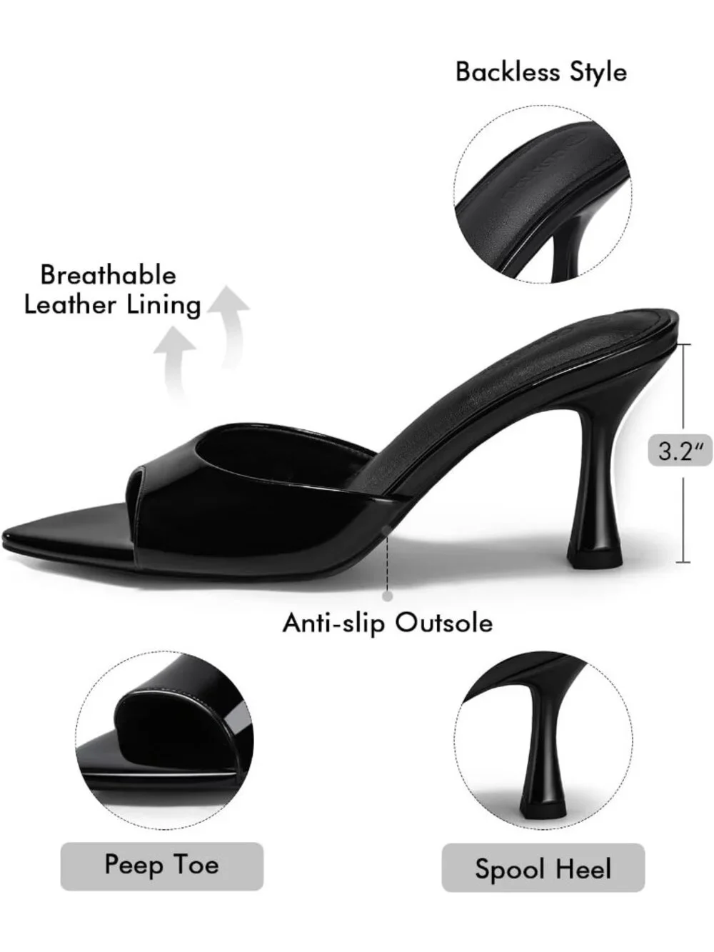 Womens Black Patent Leather Comfortable Slip On Backless Pointed Peep Toe Sandal